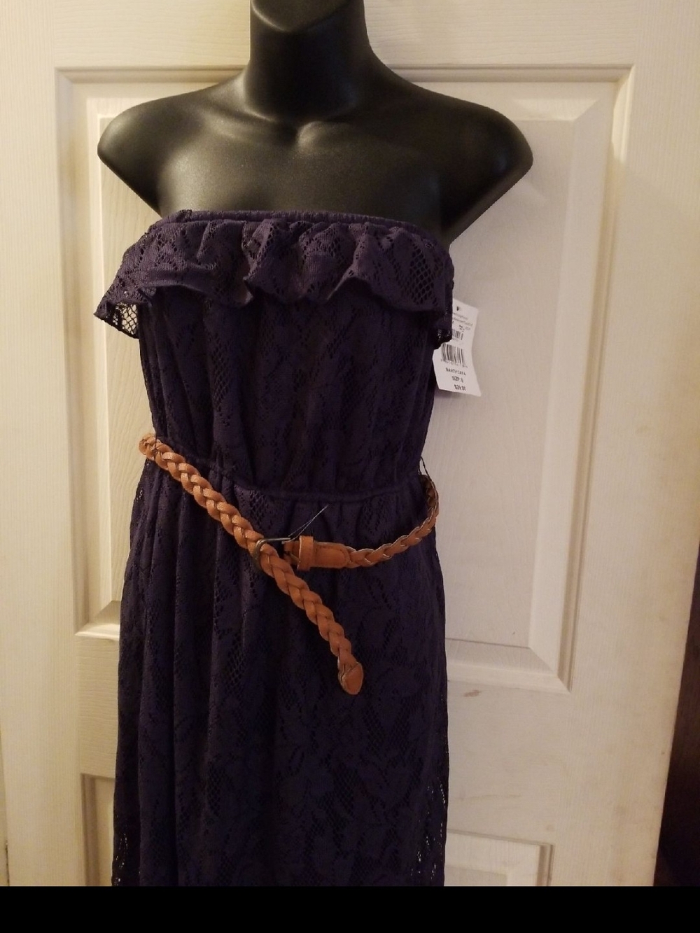 Trixxi Navy Strapless Lace Maxi Dress with Braided Belt NWT